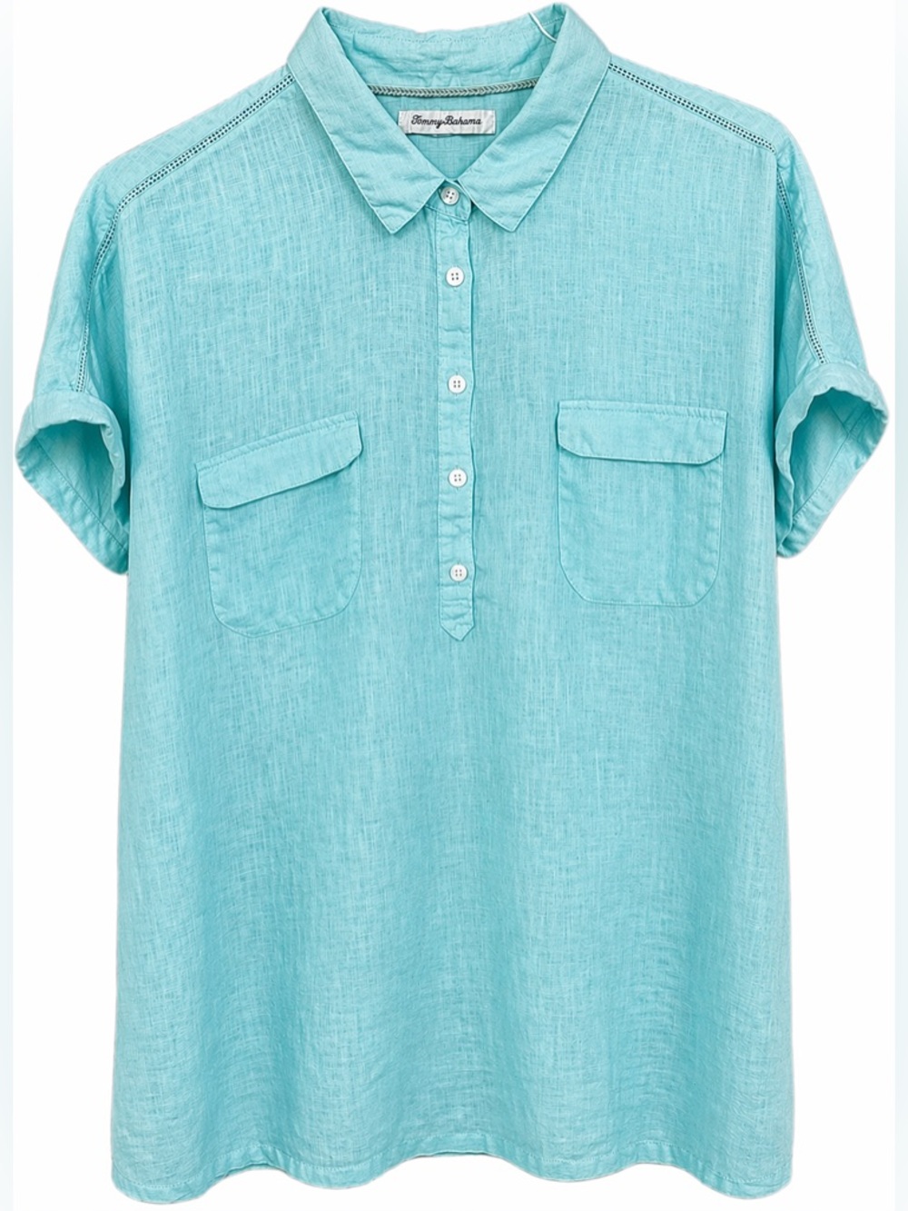 Tommy Bahama Women’s Aqua Linen Short-Sleeve Henley Shirt XL